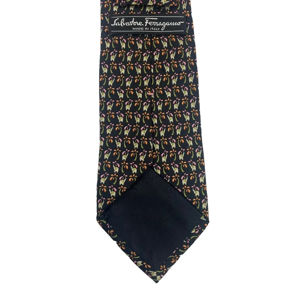 Salvatore Ferragamo Black Silk Elephant Palm Tree Print Tie 3.5 Width Mens